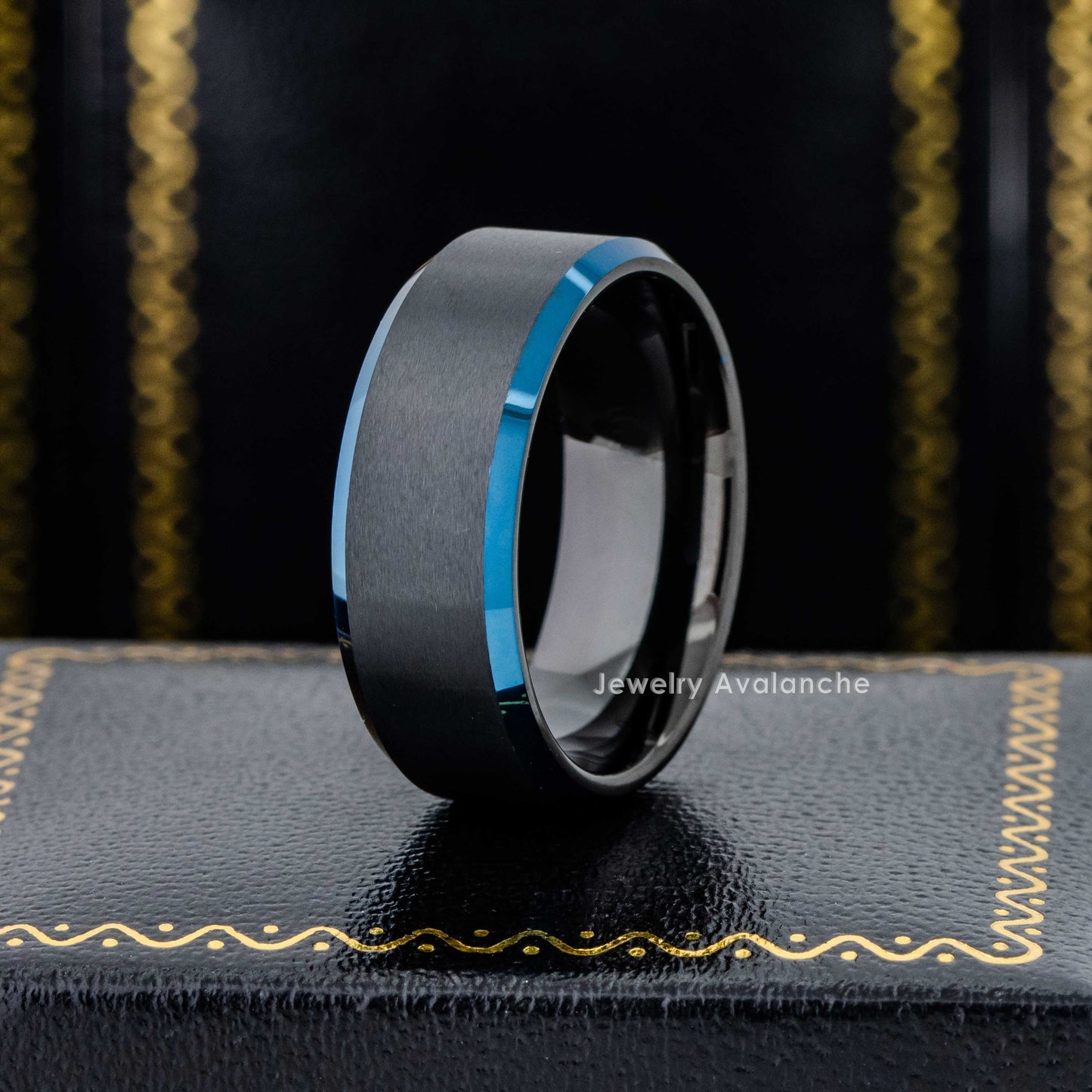 Jewelry Avalanche Blue Beveled Edge Trim Tungsten Wedding Band, Comfort-fit, 8mm