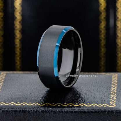 Jewelry Avalanche Blue Beveled Edge Trim Tungsten Wedding Band, Comfort-fit, 8mm