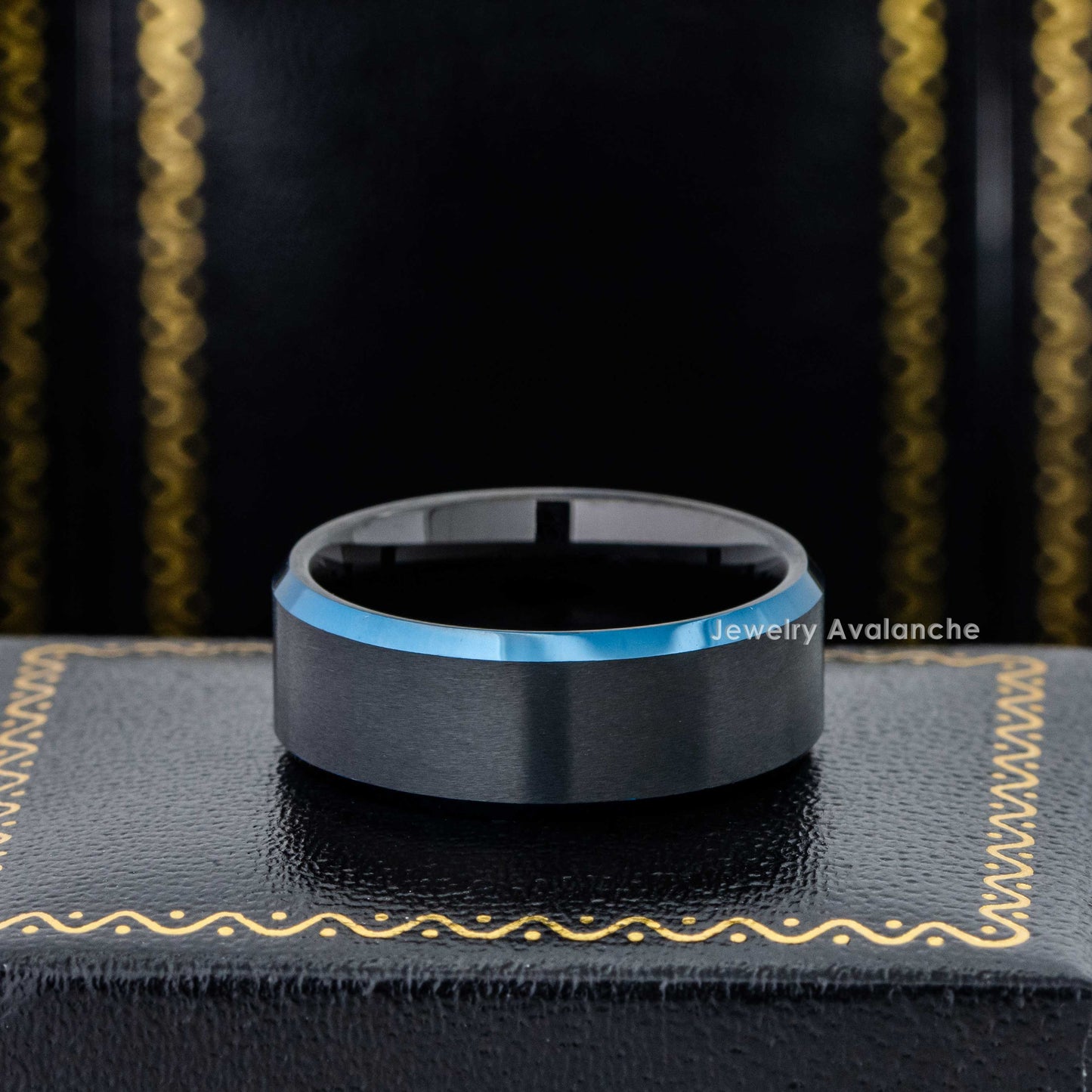 Jewelry Avalanche Blue Beveled Edge Trim Tungsten Wedding Band, Comfort-fit, 8mm