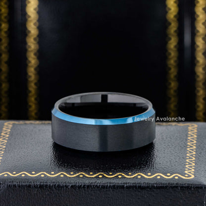 Jewelry Avalanche Blue Beveled Edge Trim Tungsten Wedding Band, Comfort-fit, 8mm