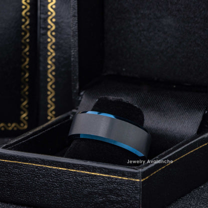 Jewelry Avalanche Blue Beveled Edge Trim Tungsten Wedding Band, Comfort-fit, 8mm