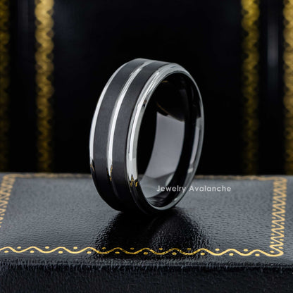 Jewelry Avalanche 2-Tone Black Tungsten Carbide Wedding Band, Center Grooved, Comfort-fit, 8mm