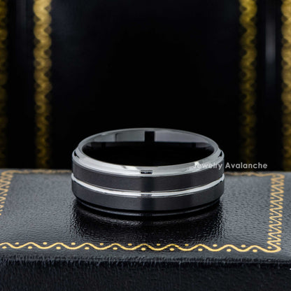 Jewelry Avalanche 2-Tone Black Tungsten Carbide Wedding Band, Center Grooved, Comfort-fit, 8mm