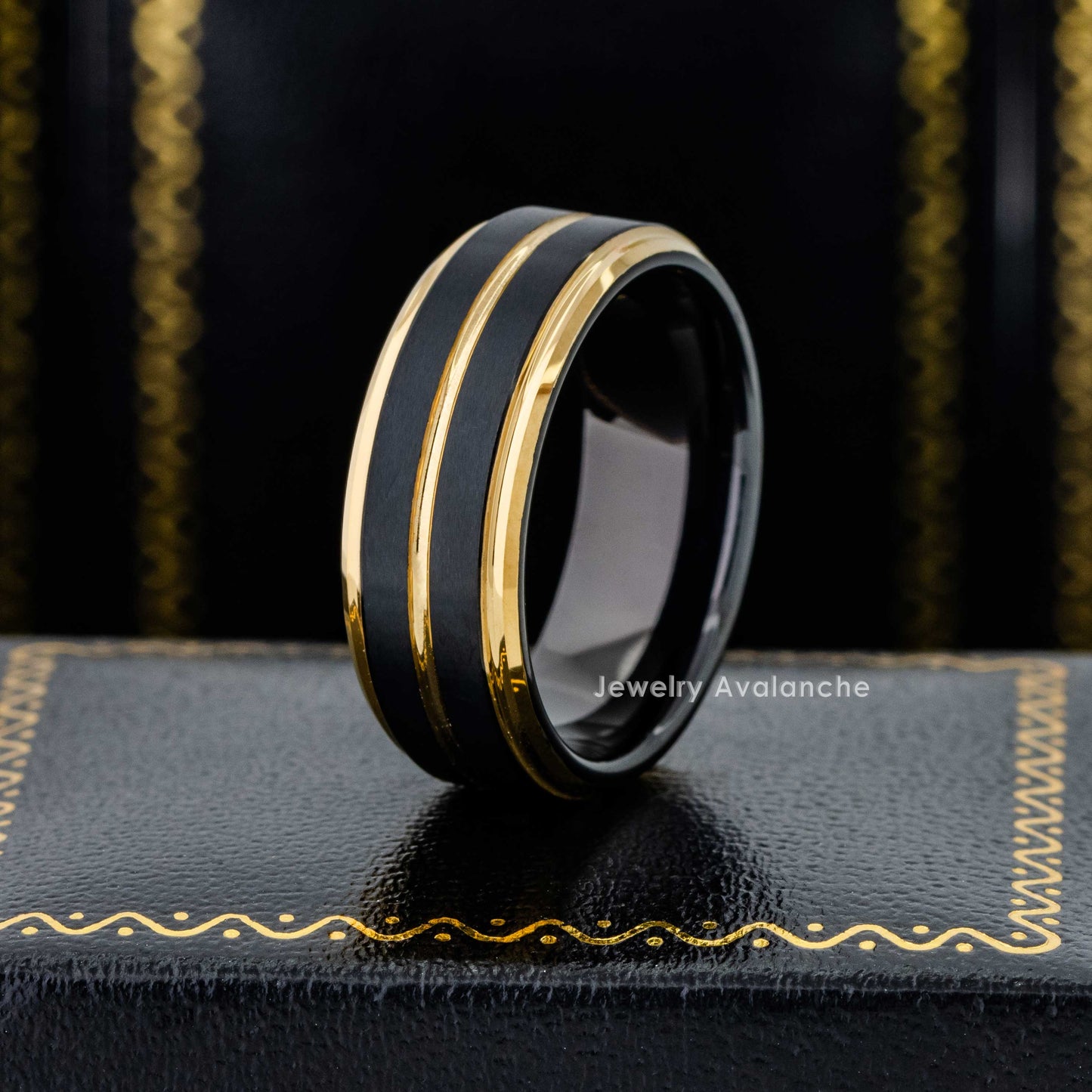 Jewelry Avalanche 2-Tone Black & Gold Tungsten Carbide Wedding Band, Center Grooved, Comfort-fit, 8mm