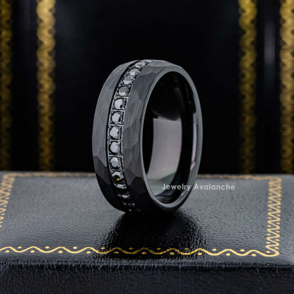 Jewelry Avalanche Black IP Eternity CZ Hammered Dome Tungsten Carbide Wedding Band, Comfort-fit, 8mm