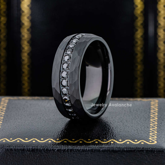 Jewelry Avalanche Black IP Eternity CZ Hammered Dome Tungsten Carbide Wedding Band, Comfort-fit, 8mm