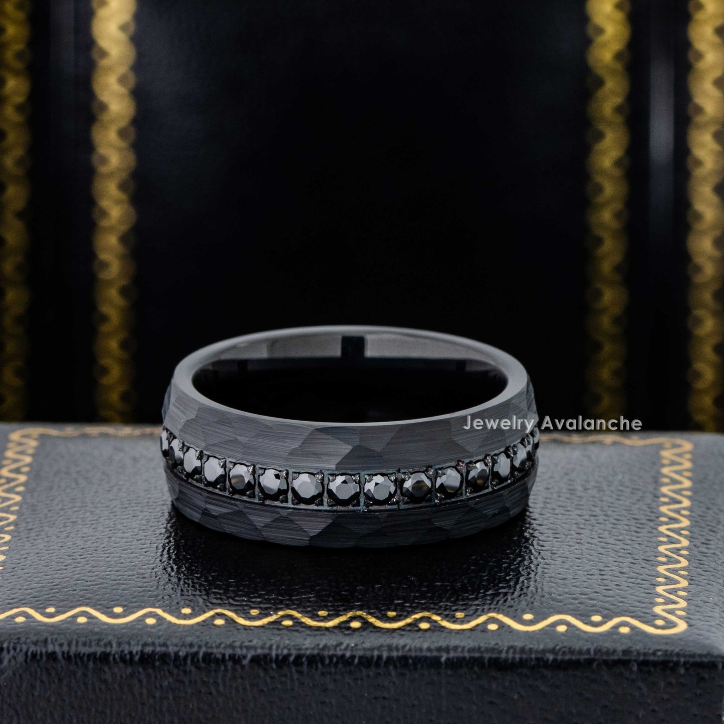 Jewelry Avalanche Black IP Eternity CZ Hammered Dome Tungsten Carbide Wedding Band, Comfort-fit, 8mm