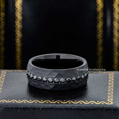 Jewelry Avalanche Black IP Eternity CZ Hammered Dome Tungsten Carbide Wedding Band, Comfort-fit, 8mm
