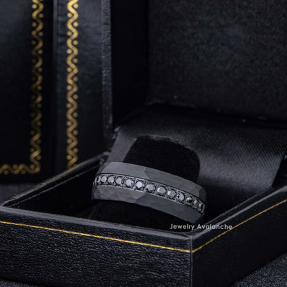 Jewelry Avalanche Black IP Eternity CZ Hammered Dome Tungsten Carbide Wedding Band, Comfort-fit, 8mm