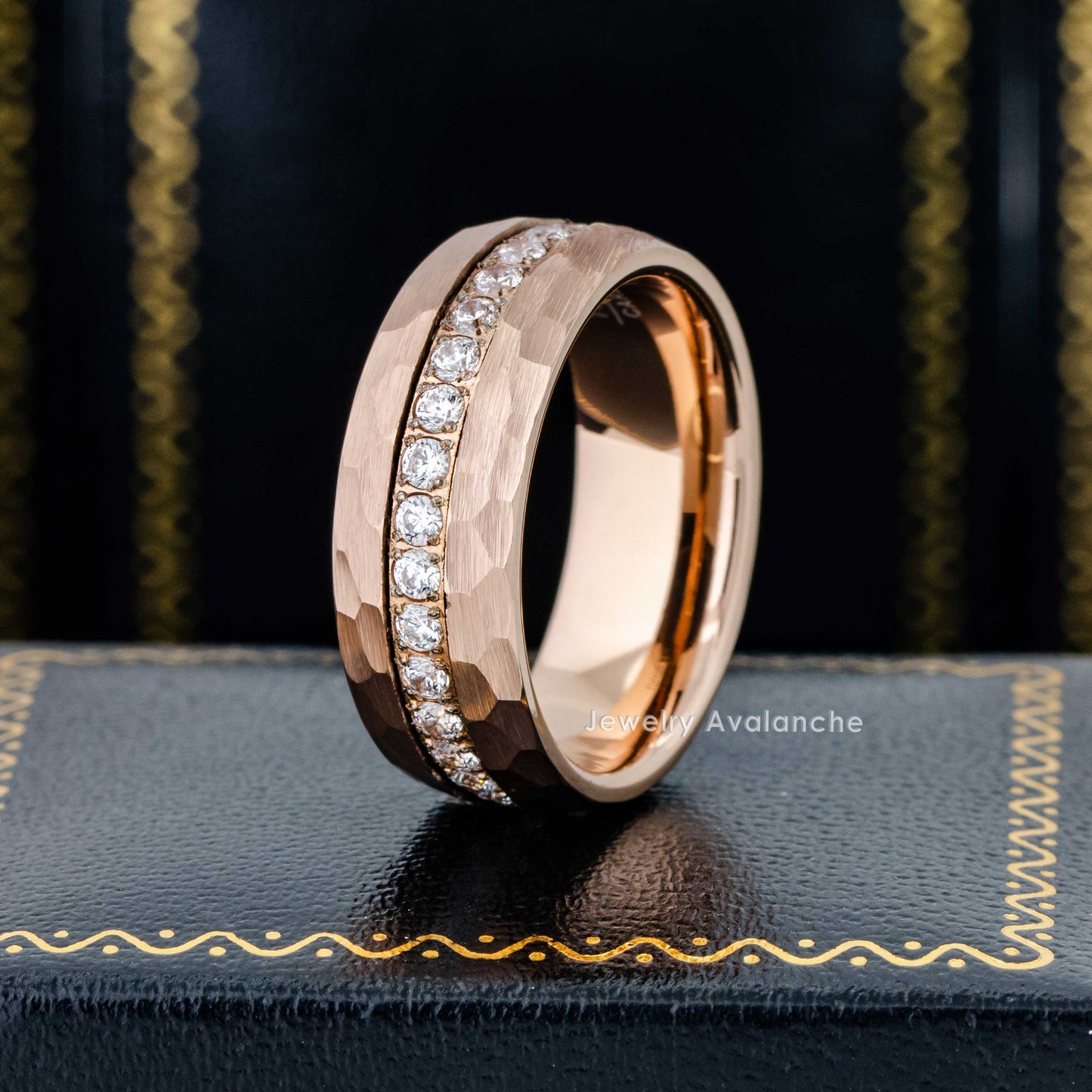 Jewelry Avalanche Eternity CZ Mens Ring Hammered Rose Gold Tungsten Carbide Wedding Band, Dome, 8mm