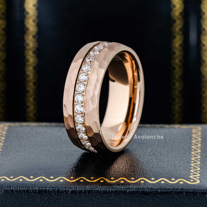 Jewelry Avalanche Eternity CZ Mens Ring Hammered Rose Gold Tungsten Carbide Wedding Band, Dome, 8mm