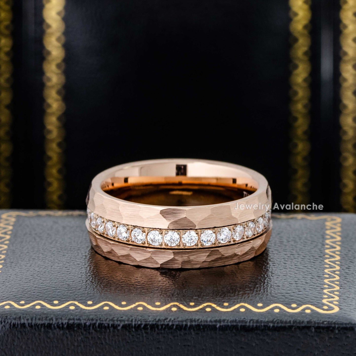 Jewelry Avalanche Eternity CZ Mens Ring Hammered Rose Gold Tungsten Carbide Wedding Band, Dome, 8mm