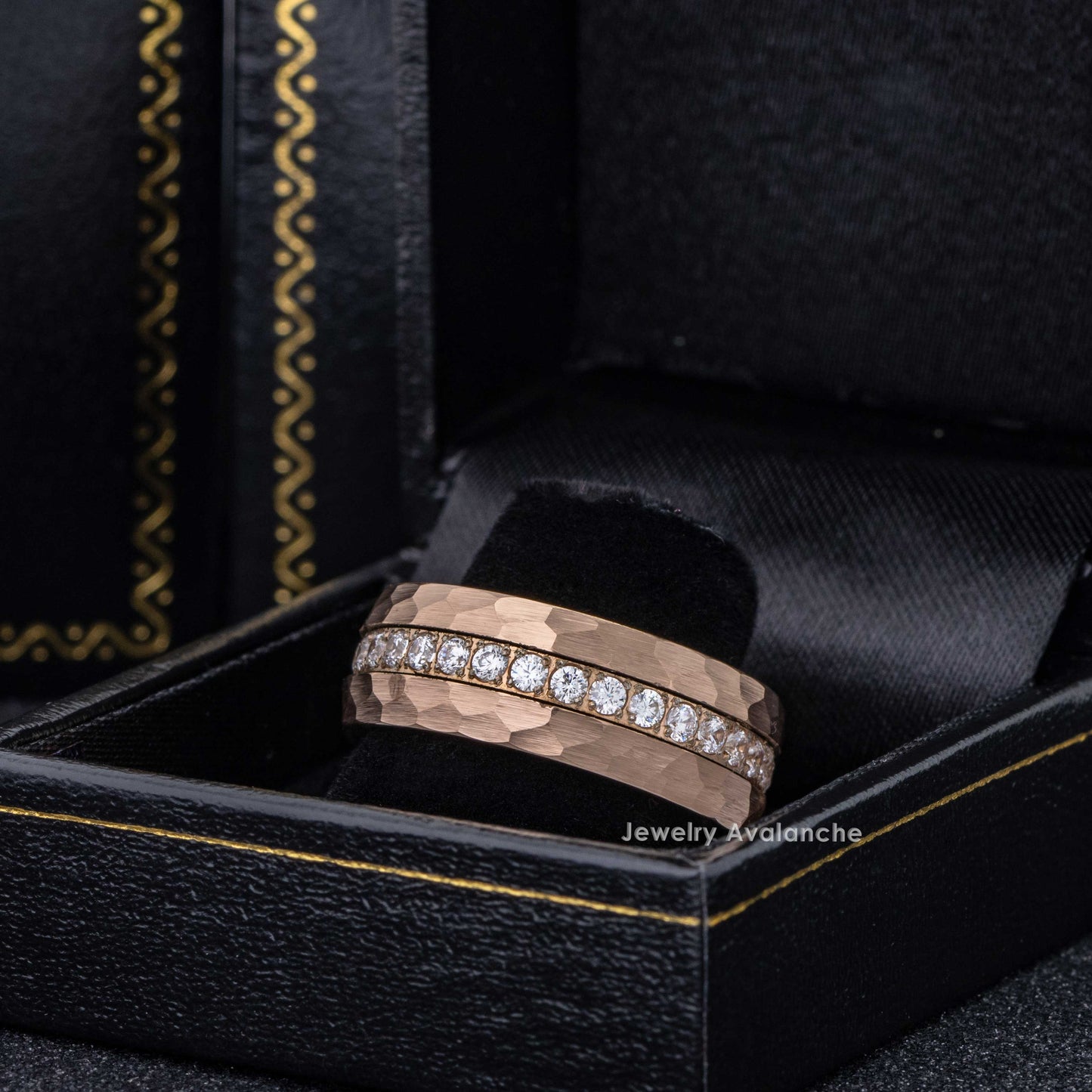 Jewelry Avalanche Eternity CZ Mens Ring Hammered Rose Gold Tungsten Carbide Wedding Band, Dome, 8mm