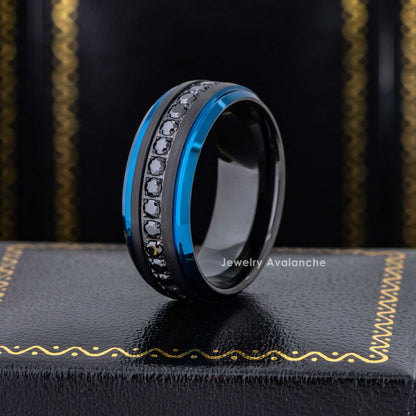 Jewelry Avalanche Eternity Black CZ Mens Ring Black & Blue IP Tungsten Wedding Band, 8mm