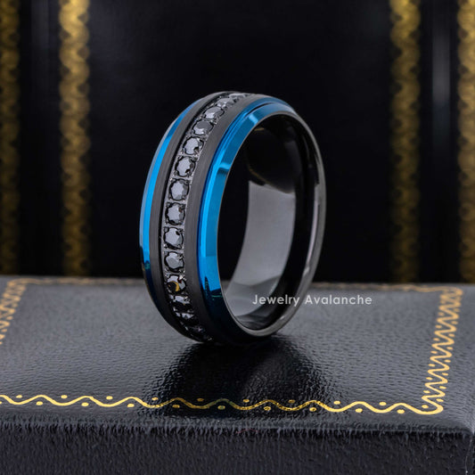 Jewelry Avalanche Eternity Black CZ Mens Ring Black & Blue IP Tungsten Wedding Band, 8mm