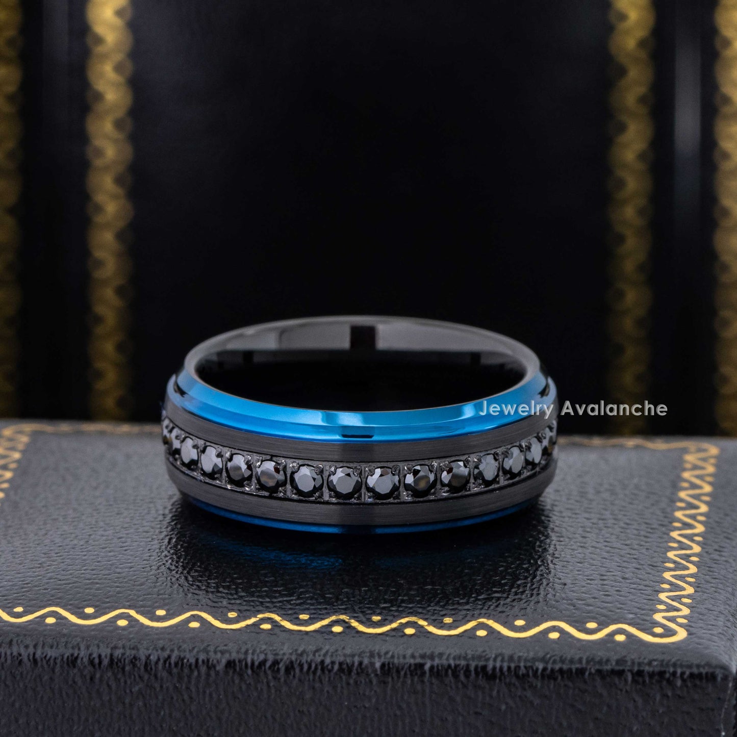 Jewelry Avalanche Eternity Black CZ Mens Ring Black & Blue IP Tungsten Wedding Band, 8mm