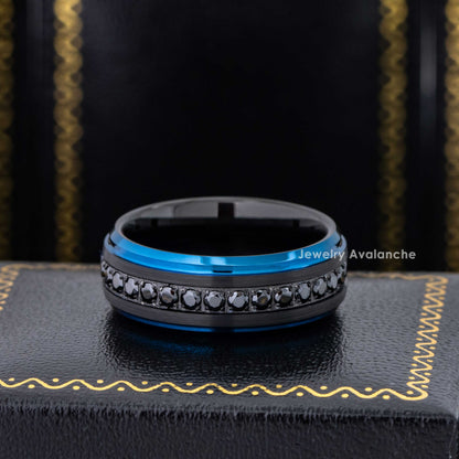 Jewelry Avalanche Eternity Black CZ Mens Ring Black & Blue IP Tungsten Wedding Band, 8mm