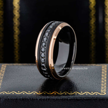 Jewelry Avalanche Black IP Eternity CZ Brushed Rose Gold IP Stepped Tungsten Carbide Wedding Band, Comfort-fit, 8mm
