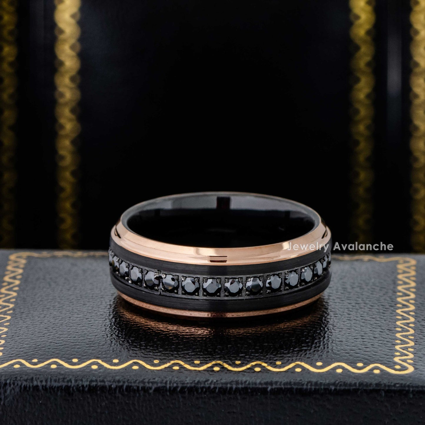 Jewelry Avalanche Black IP Eternity CZ Brushed Rose Gold IP Stepped Tungsten Carbide Wedding Band, Comfort-fit, 8mm