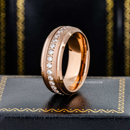Jewelry Avalanche Eternity CZ Mens Ring Rose Gold Tungsten Carbide Wedding Band, Stepped Edge, 8mm