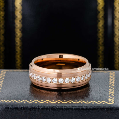 Jewelry Avalanche Eternity CZ Mens Ring Rose Gold Tungsten Carbide Wedding Band, Stepped Edge, 8mm