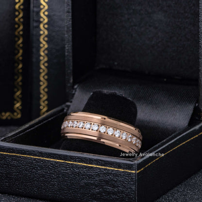Jewelry Avalanche Eternity CZ Mens Ring Rose Gold Tungsten Carbide Wedding Band, Stepped Edge, 8mm