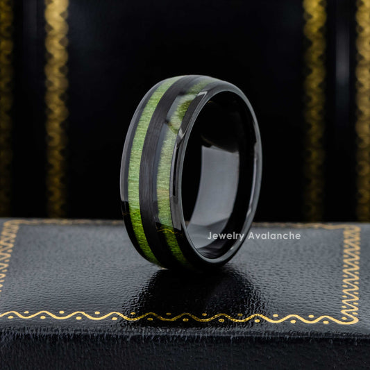 Jewelry Avalanche Black IP Jade Wood Inlay Dome Tungsten Carbide Wedding Band, Comfort-fit, 8mm