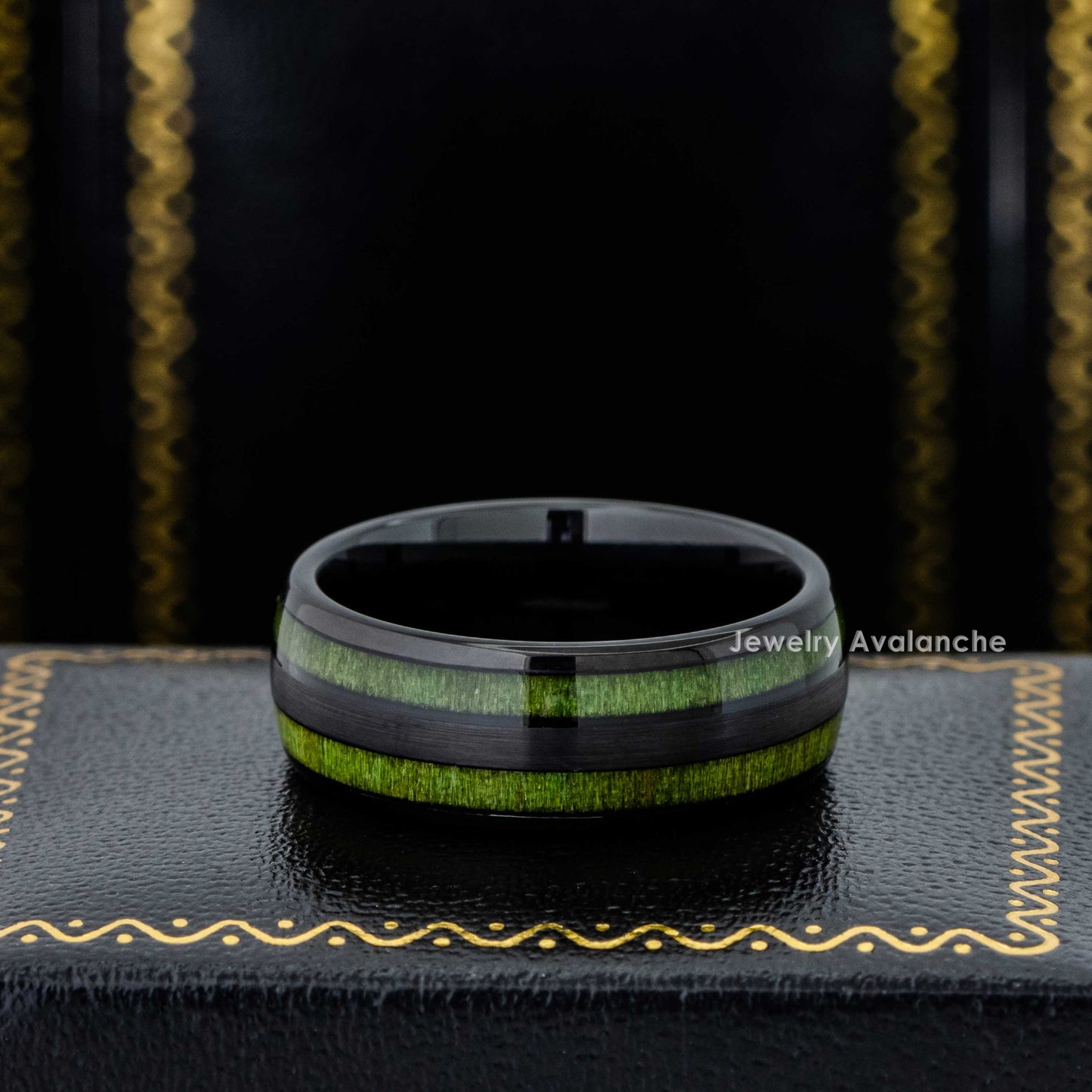 Jewelry Avalanche Black IP Jade Wood Inlay Dome Tungsten Carbide Wedding Band, Comfort-fit, 8mm