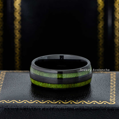 Jewelry Avalanche Black IP Jade Wood Inlay Dome Tungsten Carbide Wedding Band, Comfort-fit, 8mm