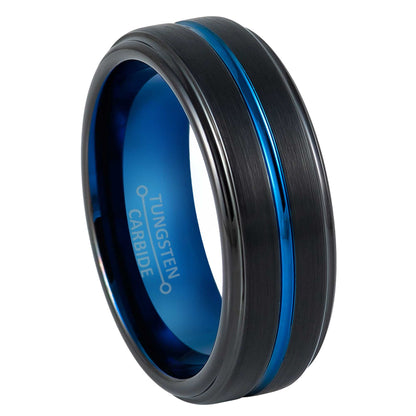 Jewelry Avalanche 8mm Black & Blue IP Grooved Stepped Tungsten Carbide Mens Wedding Band