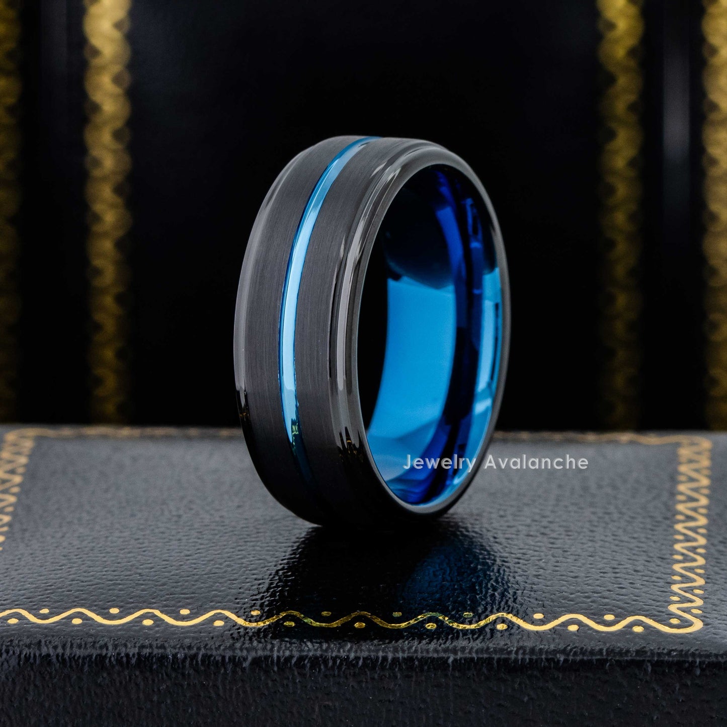 Jewelry Avalanche 8mm Black & Blue IP Grooved Stepped Tungsten Carbide Mens Wedding Band