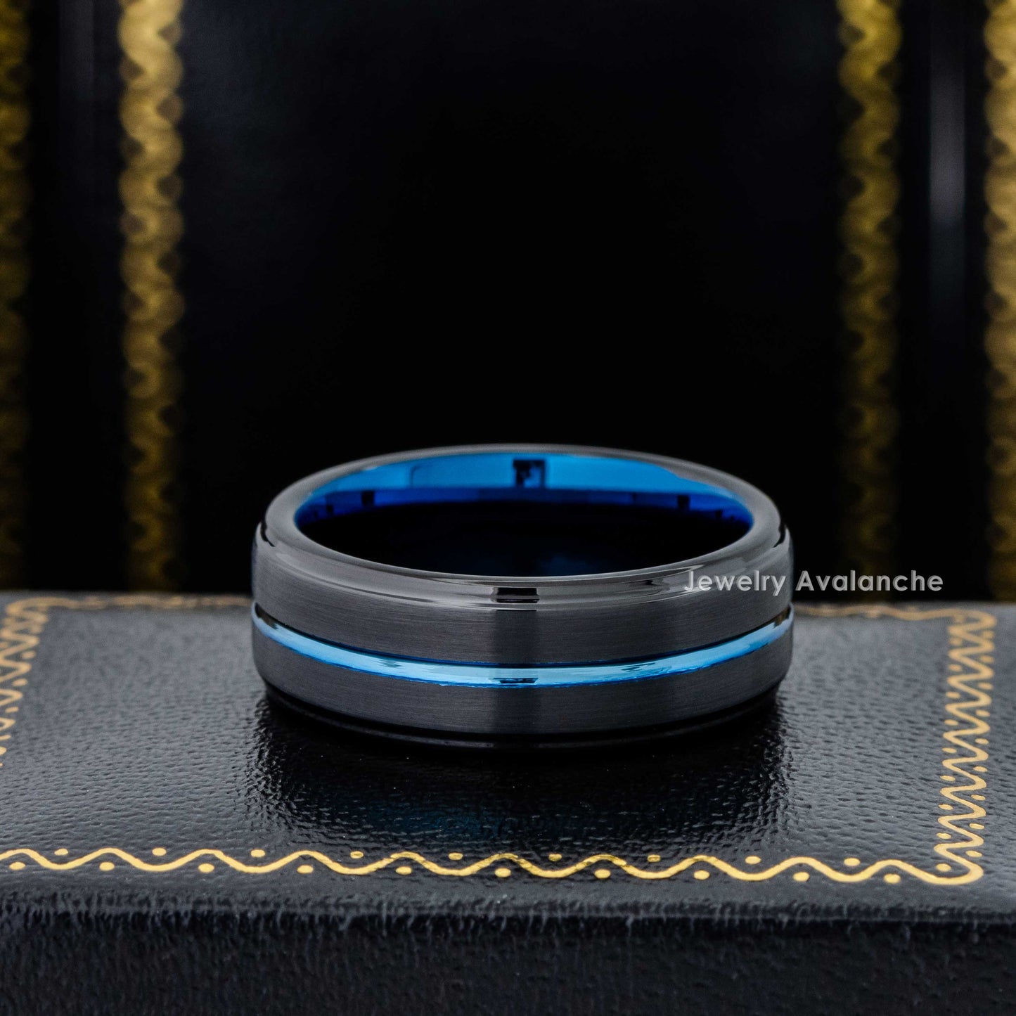 Jewelry Avalanche 8mm Black & Blue IP Grooved Stepped Tungsten Carbide Mens Wedding Band
