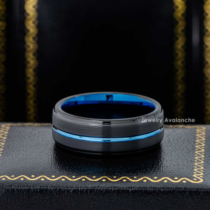 Jewelry Avalanche 8mm Black & Blue IP Grooved Stepped Tungsten Carbide Mens Wedding Band