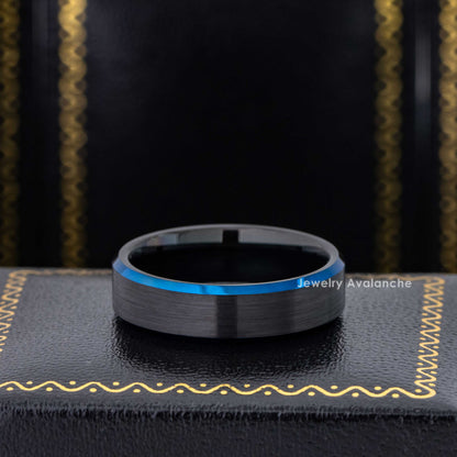 Jewelry Avalanche 6mm Beveled Black & Blue IP Tungsten Carbide Mens Womens Wedding Band