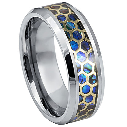 Jewelry Avalanche 8mm Beveled Honeycomb & Abalone Inlay Tungsten Carbide Mens Wedding Band