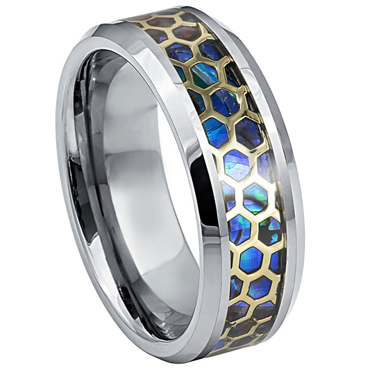 Jewelry Avalanche 8mm Beveled Honeycomb & Abalone Inlay Tungsten Carbide Mens Wedding Band