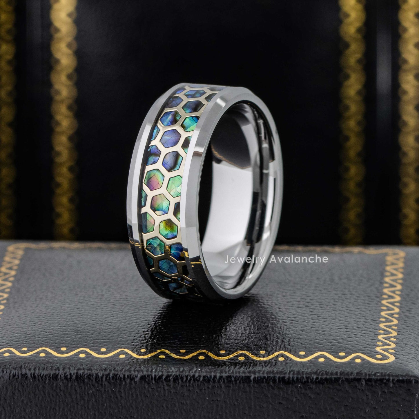 Jewelry Avalanche 8mm Beveled Honeycomb & Abalone Inlay Tungsten Carbide Mens Wedding Band