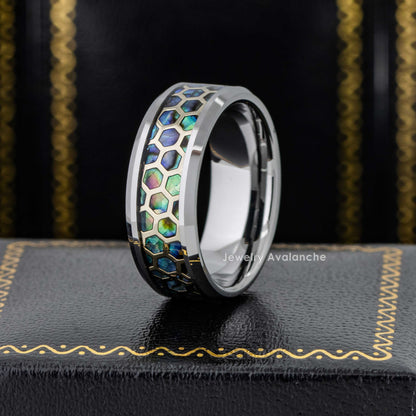 Jewelry Avalanche 8mm Beveled Honeycomb & Abalone Inlay Tungsten Carbide Mens Wedding Band