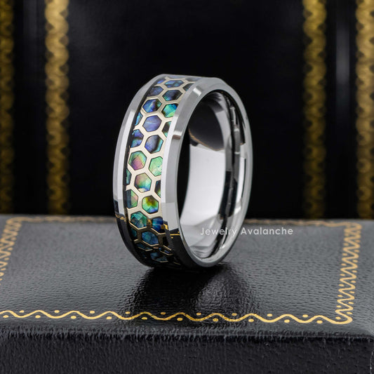 Jewelry Avalanche 8mm Beveled Honeycomb & Abalone Inlay Tungsten Carbide Mens Wedding Band