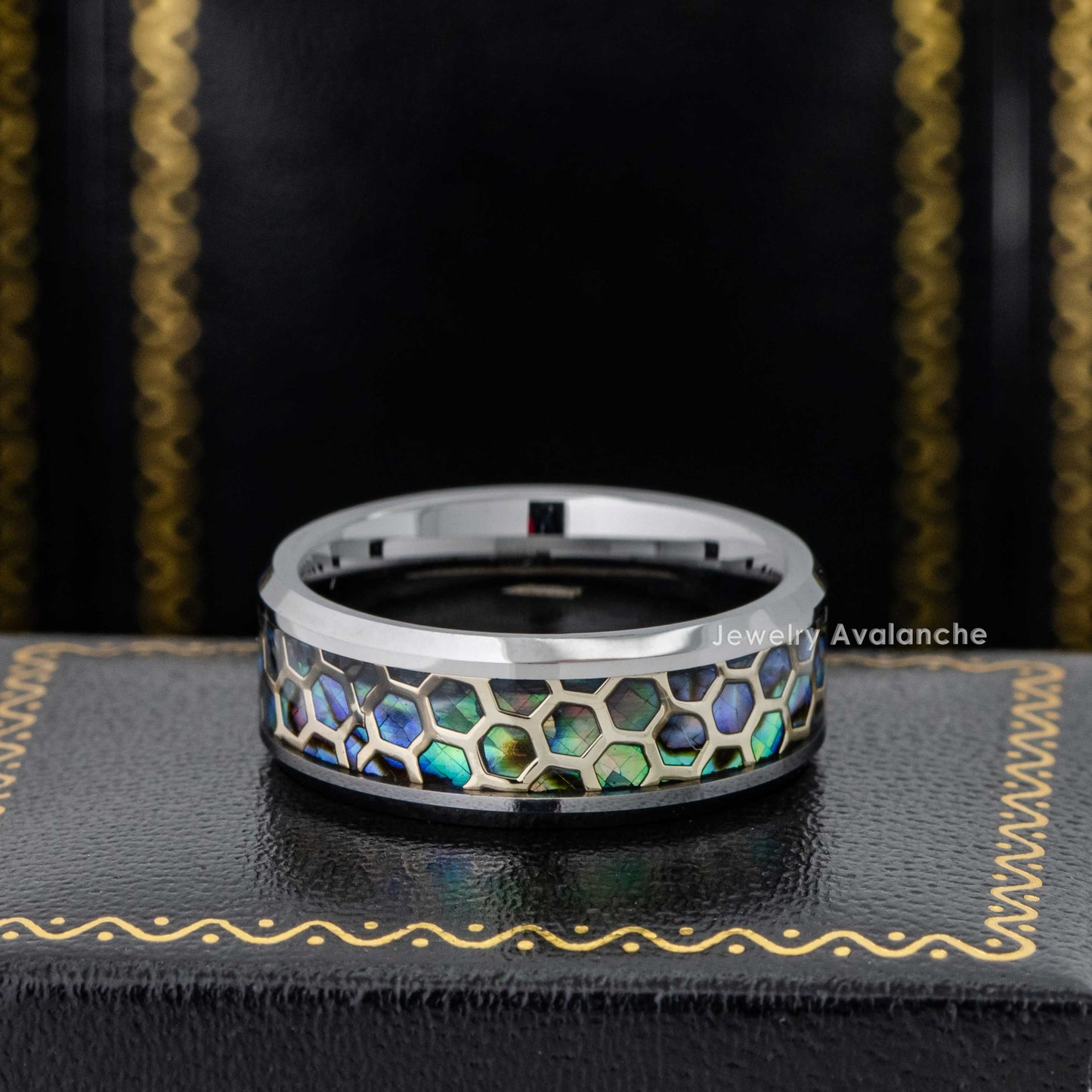 Jewelry Avalanche 8mm Beveled Honeycomb & Abalone Inlay Tungsten Carbide Mens Wedding Band