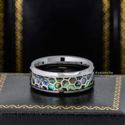 Jewelry Avalanche 8mm Beveled Honeycomb & Abalone Inlay Tungsten Carbide Mens Wedding Band