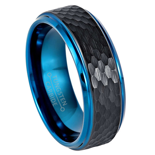 Jewelry Avalanche 8mm Stepped Black & Blue IP Hammered Tungsten Carbide Mens Wedding Band