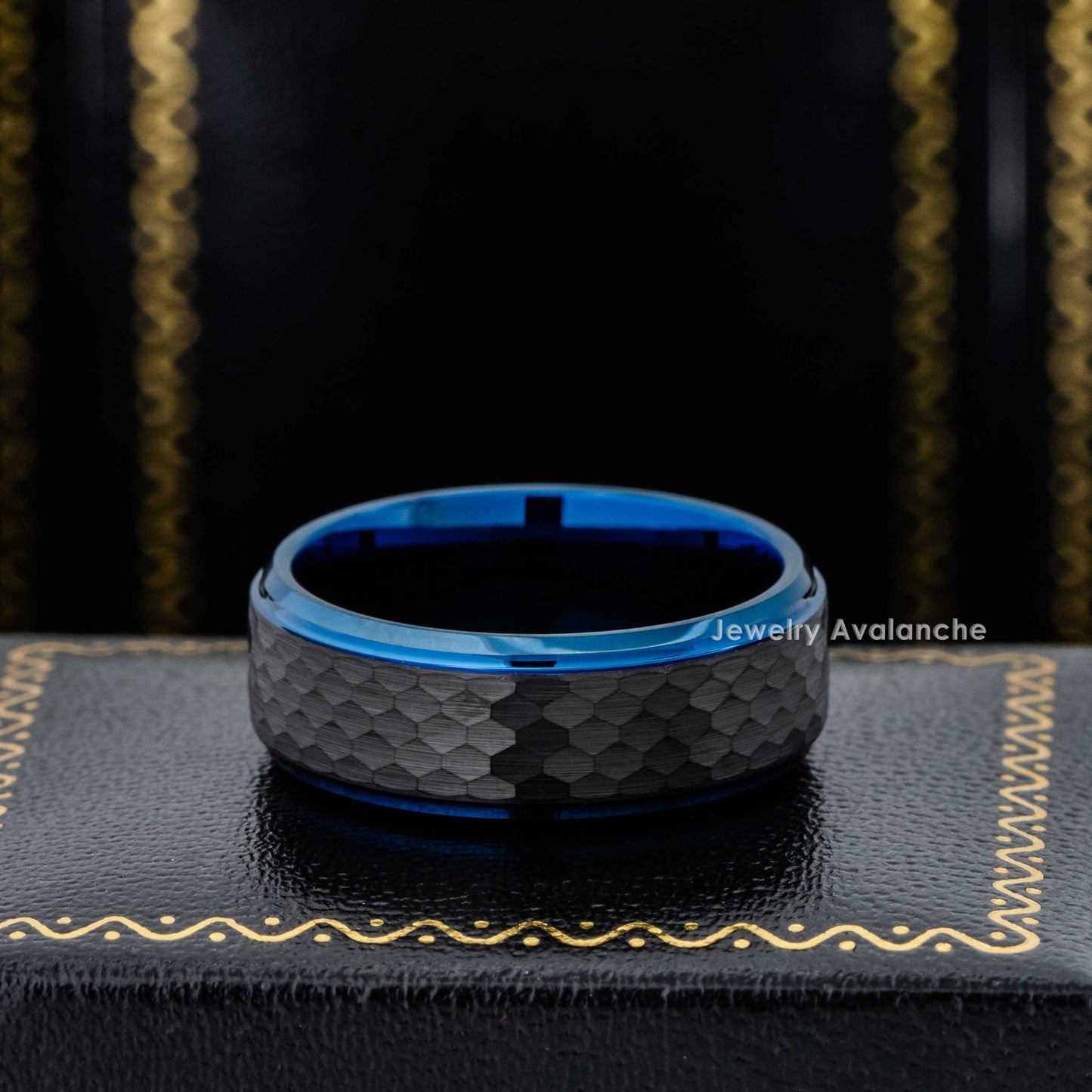Jewelry Avalanche 8mm Stepped Black & Blue IP Hammered Tungsten Carbide Mens Wedding Band