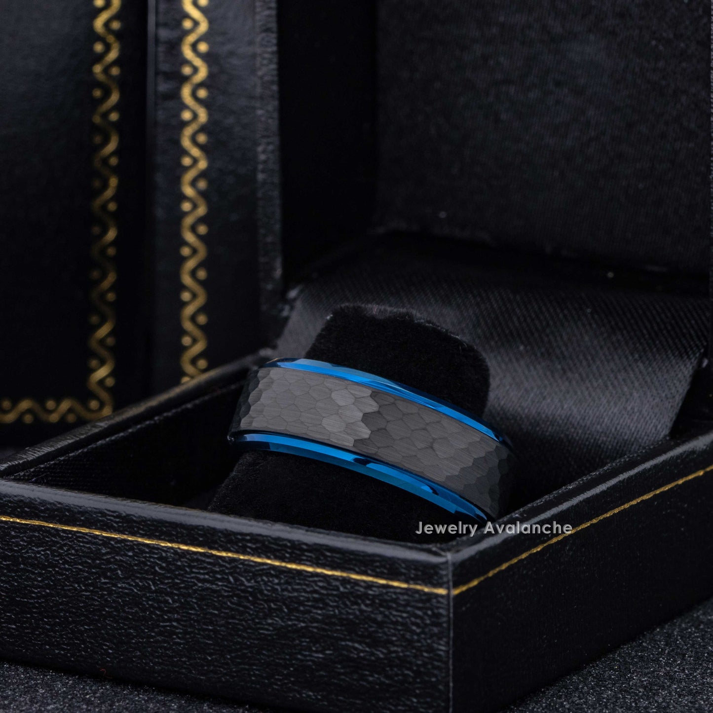 Jewelry Avalanche 8mm Stepped Black & Blue IP Hammered Tungsten Carbide Mens Wedding Band