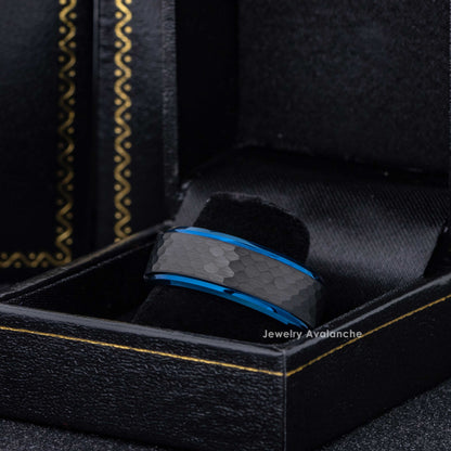 Jewelry Avalanche 8mm Stepped Black & Blue IP Hammered Tungsten Carbide Mens Wedding Band