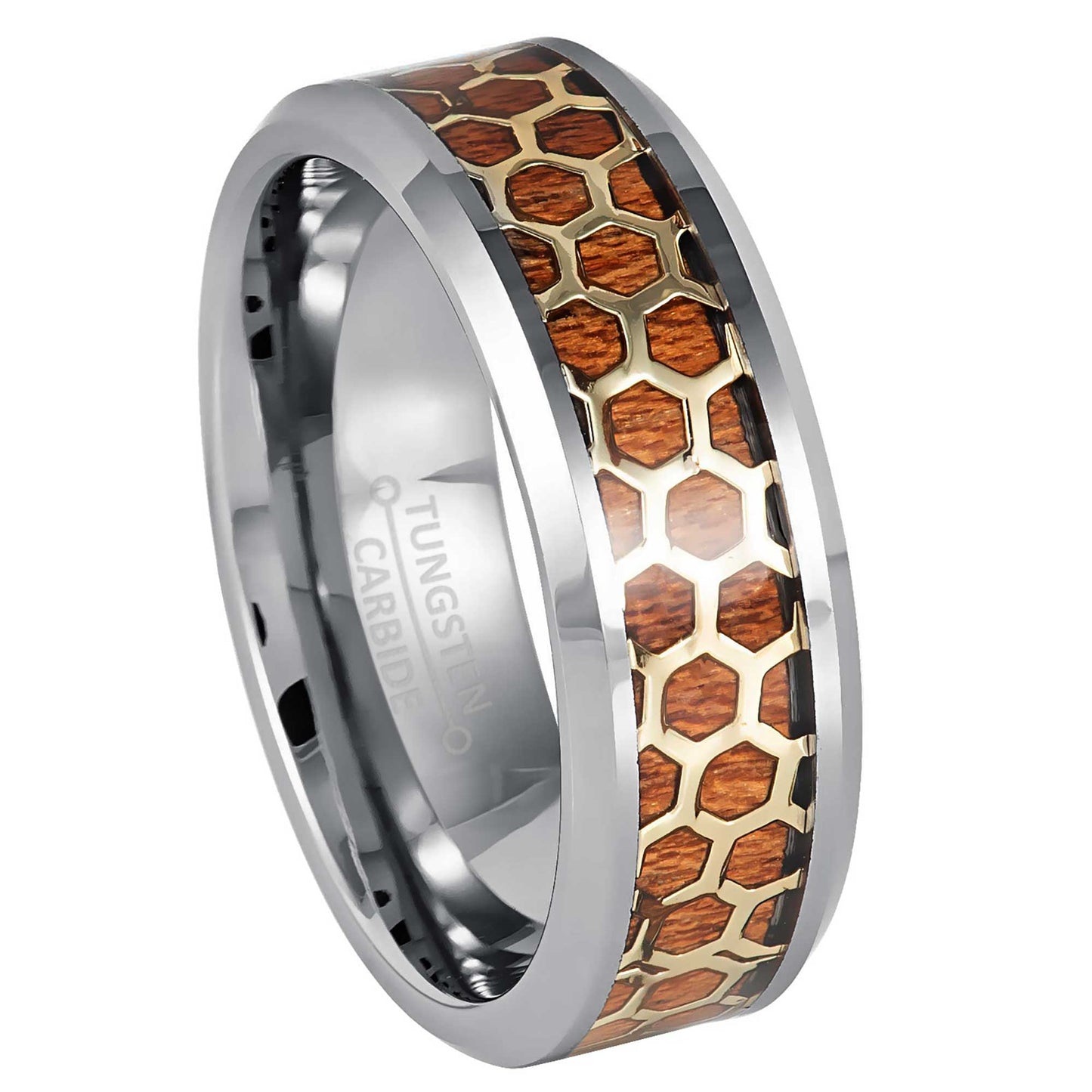 Jewelry Avalanche 8mm Beveled Honeycomb & Rosewood Inlay Tungsten Carbide Mens Wedding Band