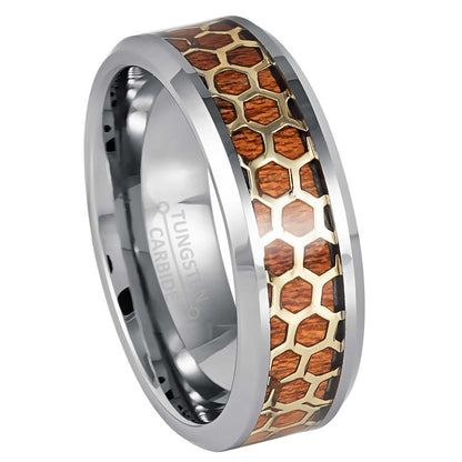 Jewelry Avalanche 8mm Beveled Honeycomb & Rosewood Inlay Tungsten Carbide Mens Wedding Band