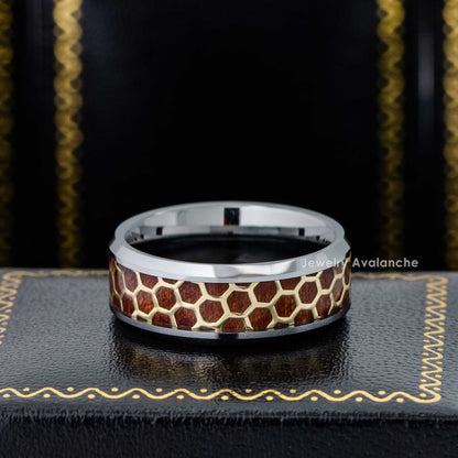 Jewelry Avalanche 8mm Beveled Honeycomb & Rosewood Inlay Tungsten Carbide Mens Wedding Band