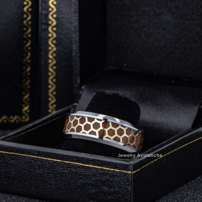 Jewelry Avalanche 8mm Beveled Honeycomb & Rosewood Inlay Tungsten Carbide Mens Wedding Band