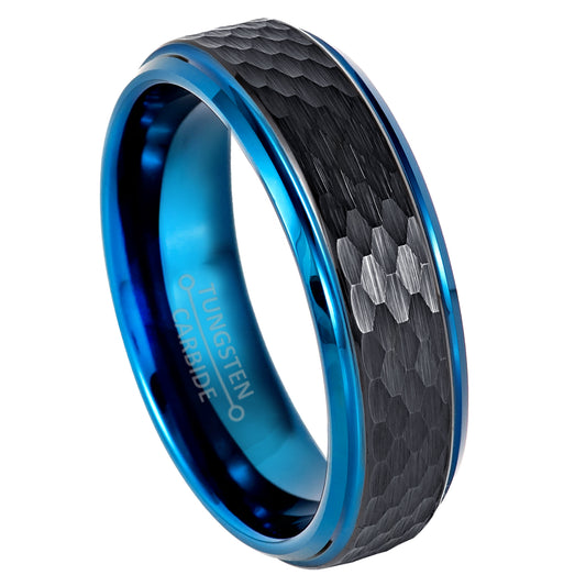 Jewelry Avalanche 6mm Stepped Black & Blue IP Hammered Tungsten Carbide Mens Womens Wedding Band